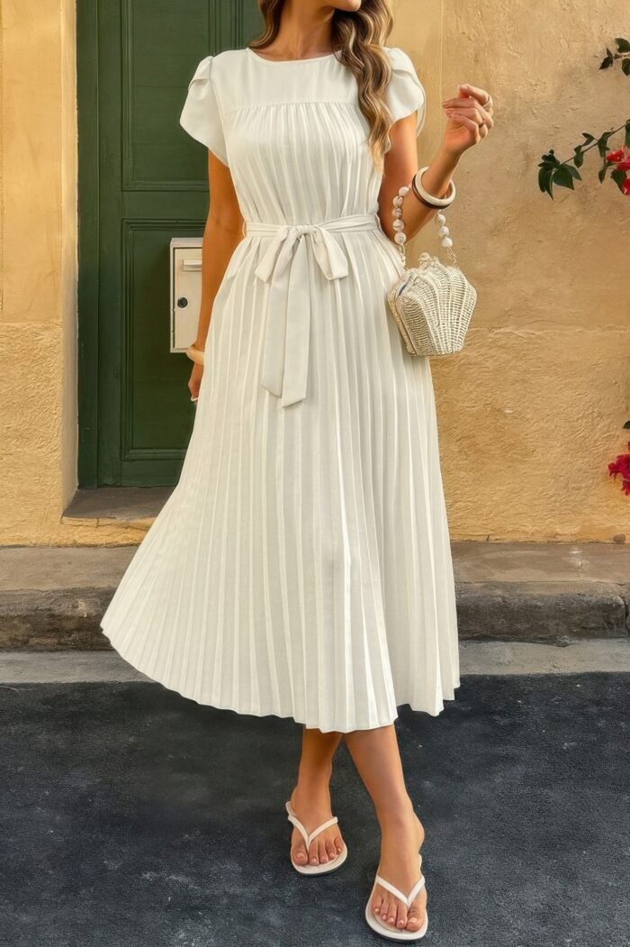 Solid Pleated Belt Short Puff Sleeves Fit Dress - Image 4