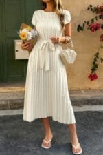 Solid Pleated Belt Short Puff Sleeves Fit Dress