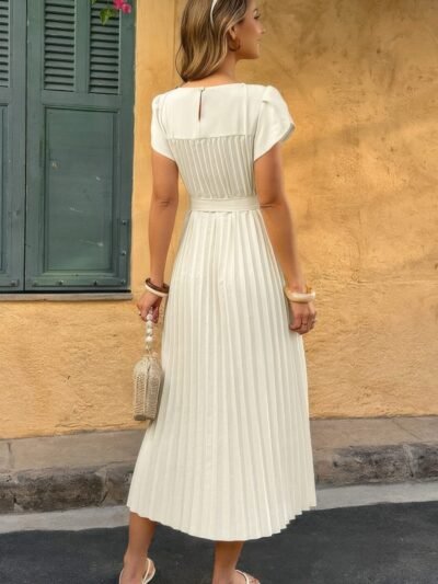 Solid Pleated Belt Short Puff Sleeves Fit Dress Solid Pleated Belt Short Puff Sleeves Fit Dress