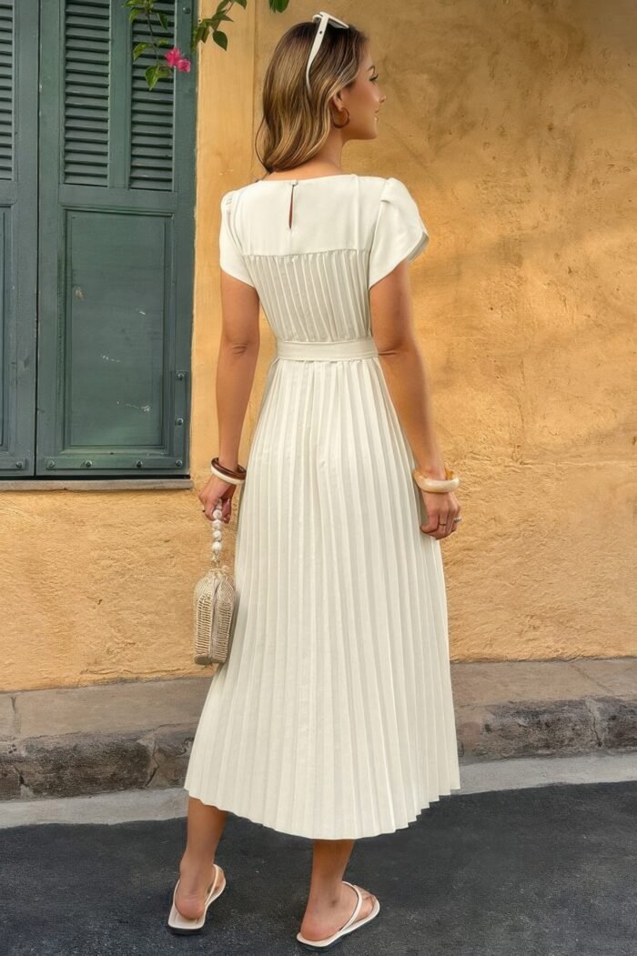 Solid Pleated Belt Short Puff Sleeves Fit Dress - Image 7