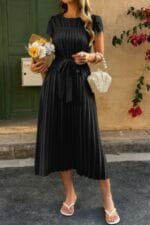 Solid Pleated Belt Short Puff Sleeves Fit Dress