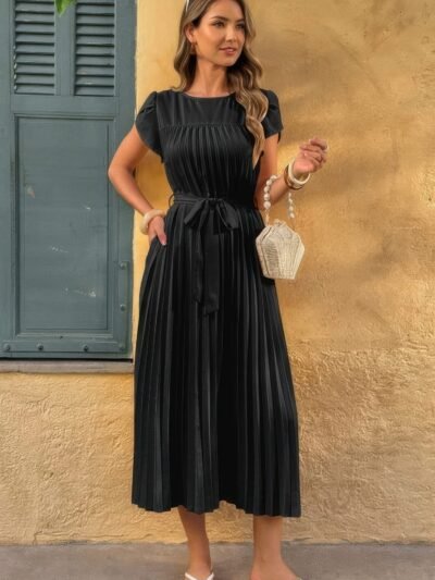 Solid Pleated Belt Short Puff Sleeves Fit Dress Solid Pleated Belt Short Puff Sleeves Fit Dress