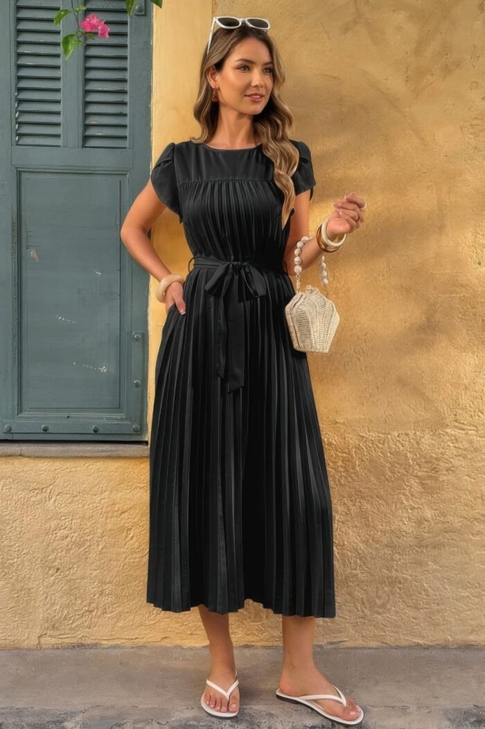 Solid Pleated Belt Short Puff Sleeves Fit Dress - Image 10