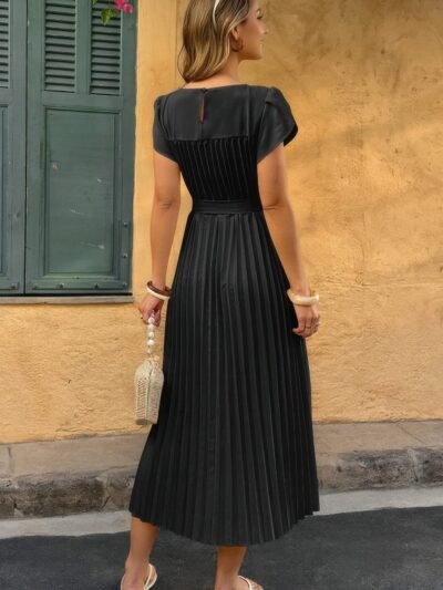 Solid Pleated Belt Short Puff Sleeves Fit Dress Solid Pleated Belt Short Puff Sleeves Fit Dress