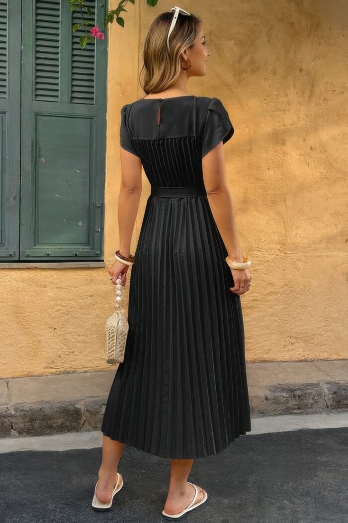 Solid Pleated Belt Short Puff Sleeves Fit Dress - Image 11