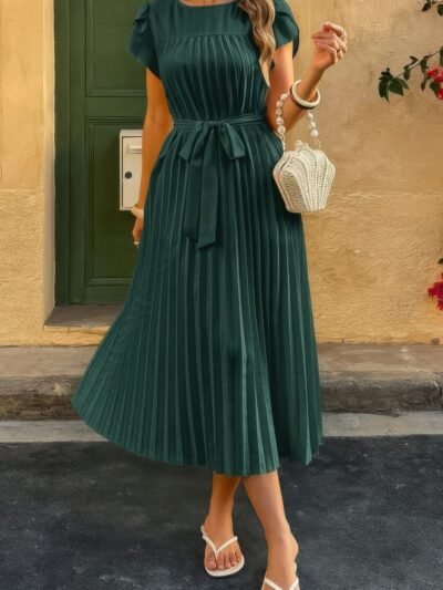 Solid Pleated Belt Short Puff Sleeves Fit Dress Solid Pleated Belt Short Puff Sleeves Fit Dress