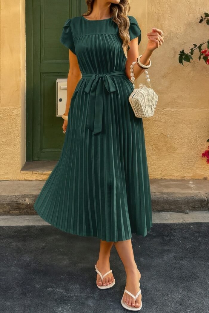 Solid Pleated Belt Short Puff Sleeves Fit Dress - Image 12