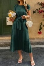 Solid Pleated Belt Short Puff Sleeves Fit Dress