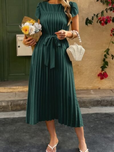 Solid Pleated Belt Short Puff Sleeves Fit Dress Solid Pleated Belt Short Puff Sleeves Fit Dress