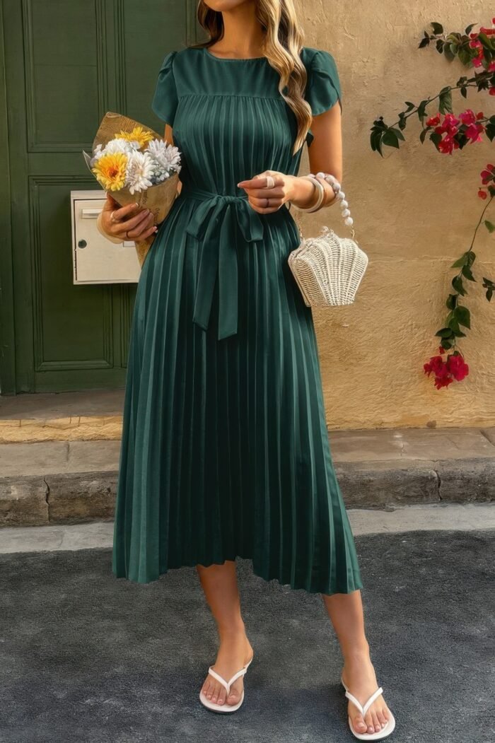 Solid Pleated Belt Short Puff Sleeves Fit Dress - Image 13