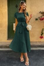 Solid Pleated Belt Short Puff Sleeves Fit Dress