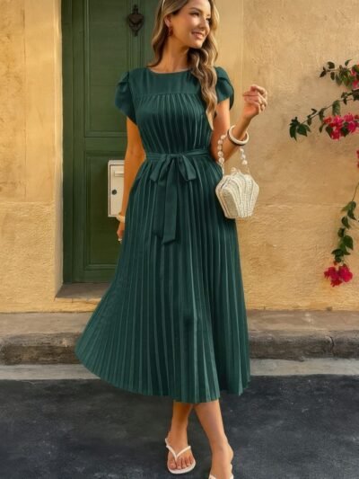 Solid Pleated Belt Short Puff Sleeves Fit Dress Solid Pleated Belt Short Puff Sleeves Fit Dress