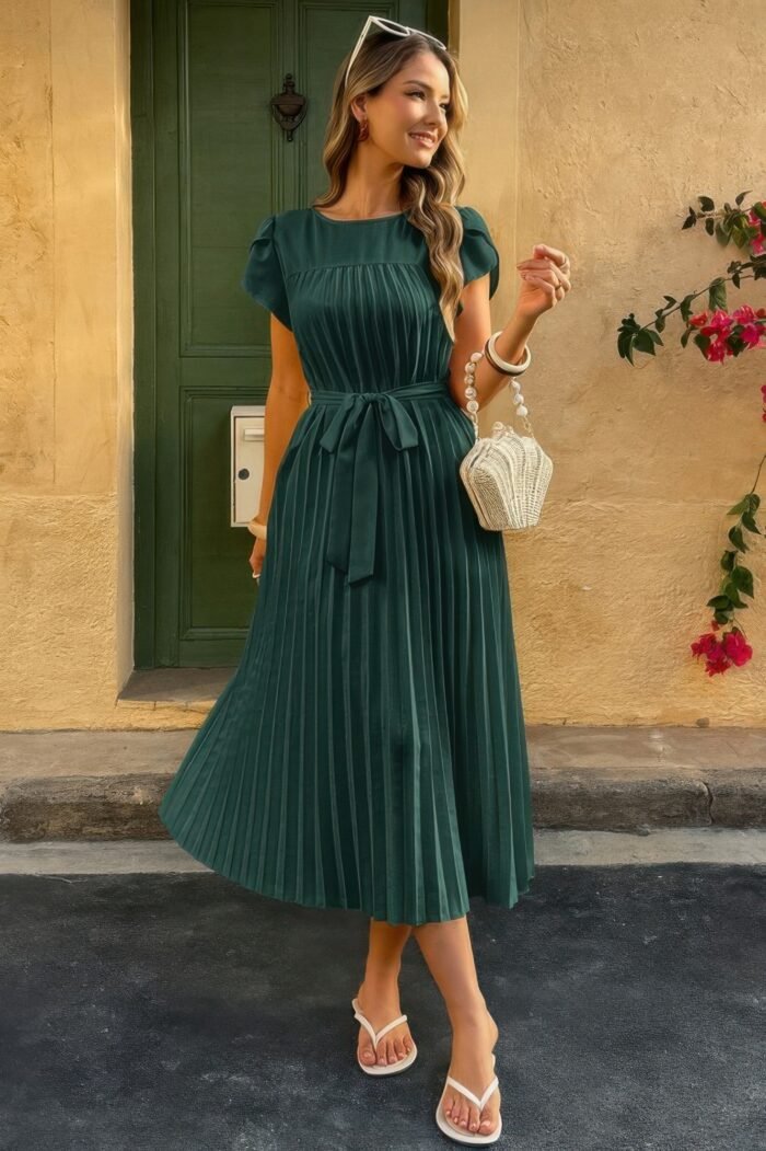 Solid Pleated Belt Short Puff Sleeves Fit Dress - Image 14