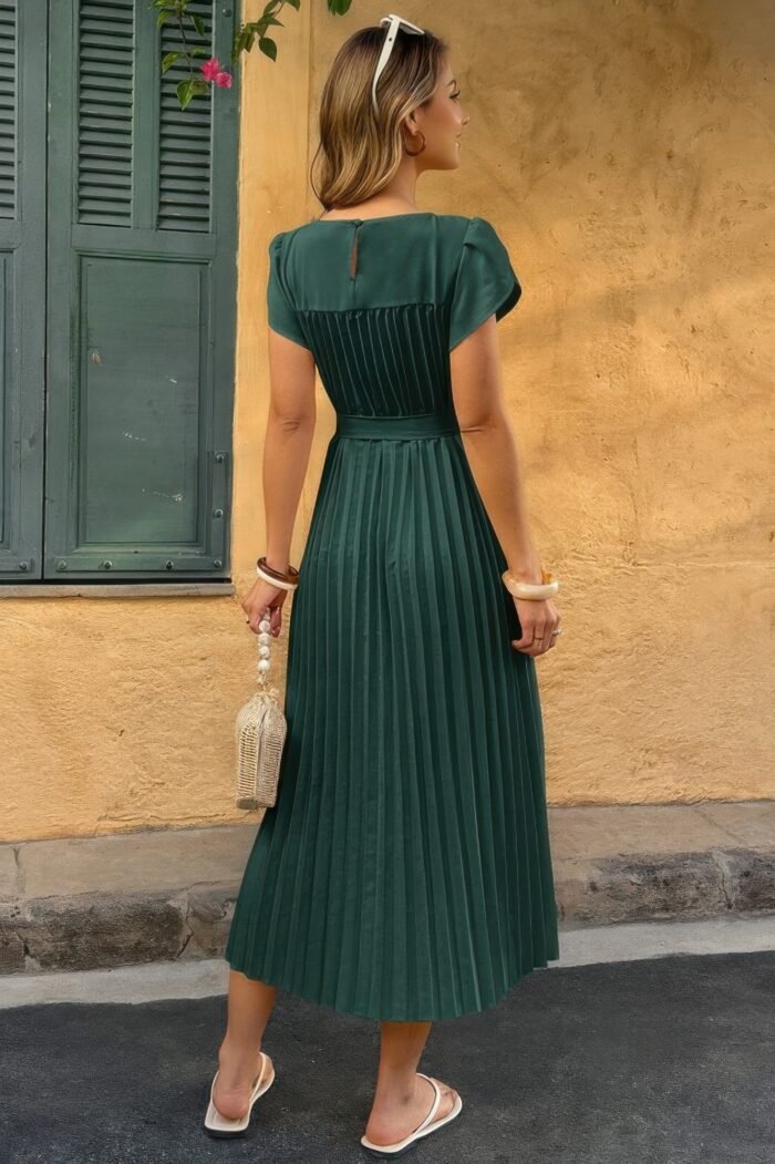 Solid Pleated Belt Short Puff Sleeves Fit Dress - Image 15