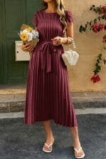 Solid Pleated Belt Short Puff Sleeves Fit Dress