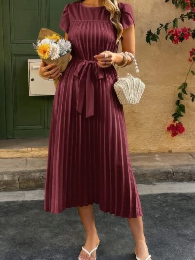 Solid Pleated Belt Short Puff Sleeves Fit Dress Solid Pleated Belt Short Puff Sleeves Fit Dress