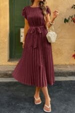 Solid Pleated Belt Short Puff Sleeves Fit Dress