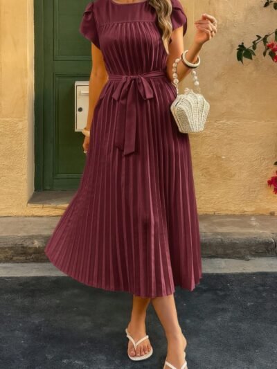 Solid Pleated Belt Short Puff Sleeves Fit Dress Solid Pleated Belt Short Puff Sleeves Fit Dress