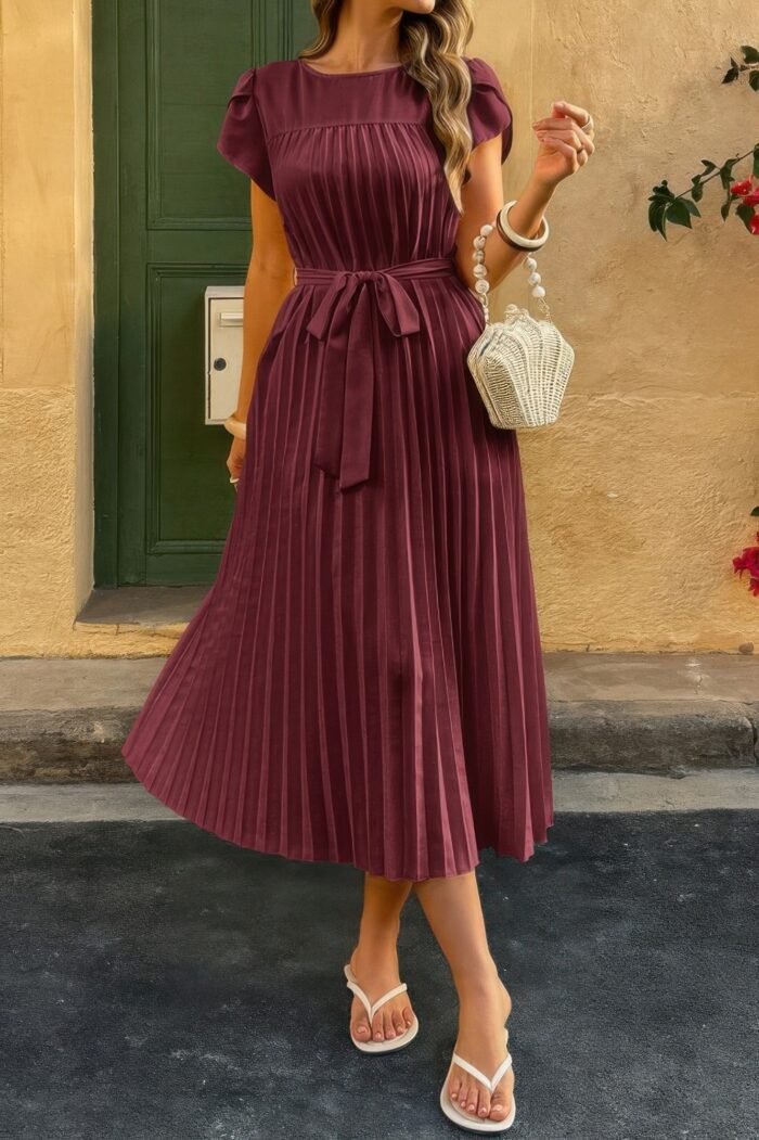 Solid Pleated Belt Short Puff Sleeves Fit Dress - Image 17