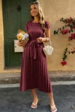 Solid Pleated Belt Short Puff Sleeves Fit Dress
