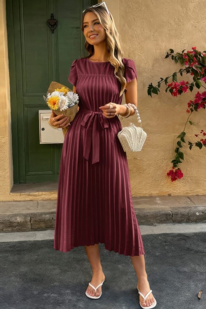 Solid Pleated Belt Short Puff Sleeves Fit Dress - Image 18