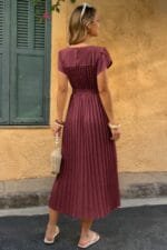 Solid Pleated Belt Short Puff Sleeves Fit Dress