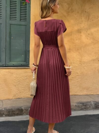 Solid Pleated Belt Short Puff Sleeves Fit Dress Solid Pleated Belt Short Puff Sleeves Fit Dress