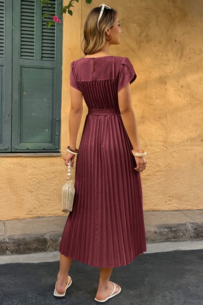 Solid Pleated Belt Short Puff Sleeves Fit Dress - Image 19