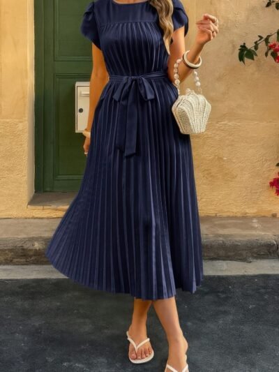 Solid Pleated Belt Short Puff Sleeves Fit Dress Solid Pleated Belt Short Puff Sleeves Fit Dress