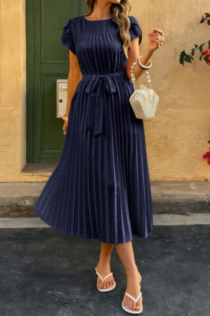 Solid Pleated Belt Short Puff Sleeves Fit Dress - Image 2