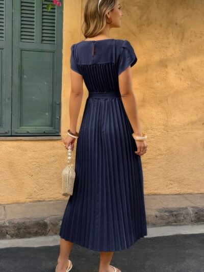 Solid Pleated Belt Short Puff Sleeves Fit Dress Solid Pleated Belt Short Puff Sleeves Fit Dress