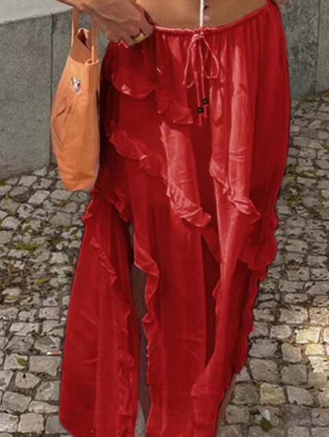 Solid Ruffle Drawstring Waist Asymmetry Hem Skirt