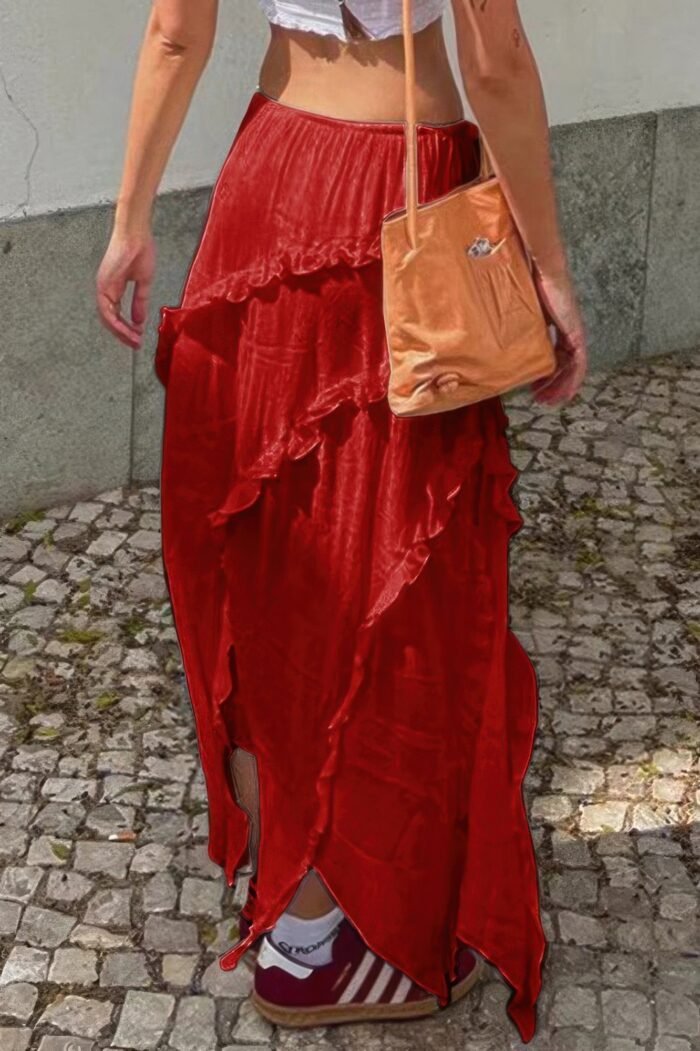Solid Ruffle Drawstring Waist Asymmetry Hem Skirt - Image 3