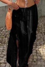 Solid Ruffle Drawstring Waist Asymmetry Hem Skirt