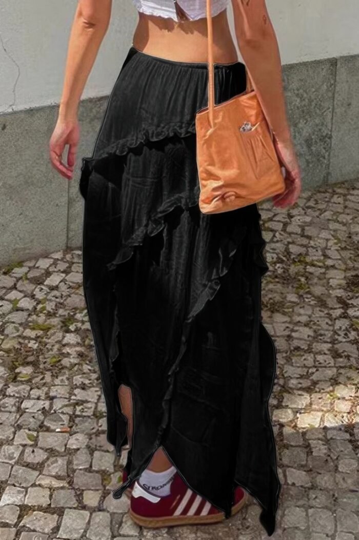 Solid Ruffle Drawstring Waist Asymmetry Hem Skirt - Image 6