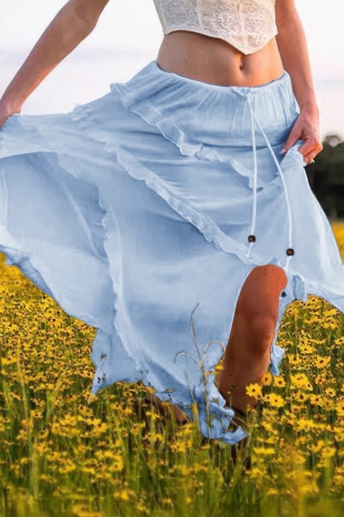 Solid Ruffle Drawstring Waist Asymmetry Hem Skirt - Image 7