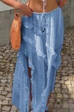 Solid Ruffle Drawstring Waist Asymmetry Hem Skirt