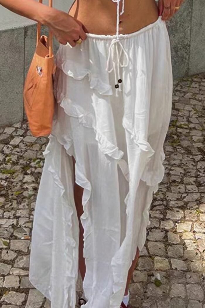 Solid Ruffle Drawstring Waist Asymmetry Hem Skirt - Image 11
