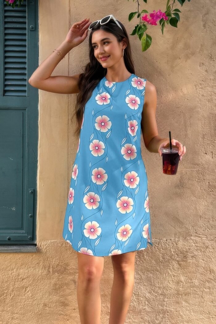 Round Neck Floral Print Sleeveless Loose Dress - Image 4
