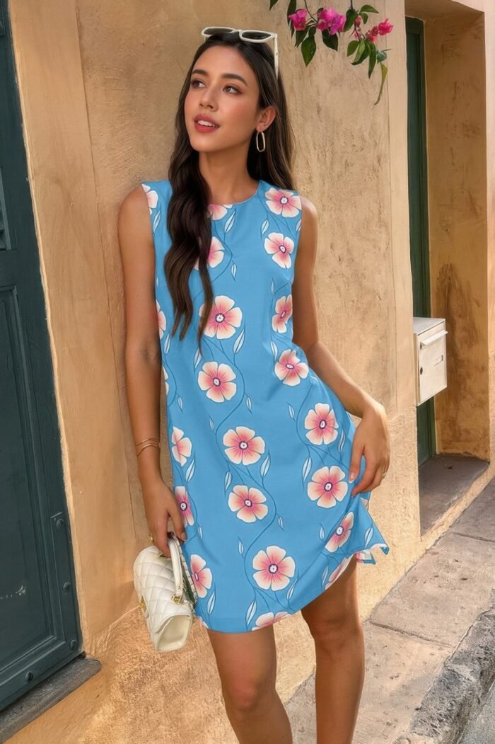 Round Neck Floral Print Sleeveless Loose Dress - Image 5