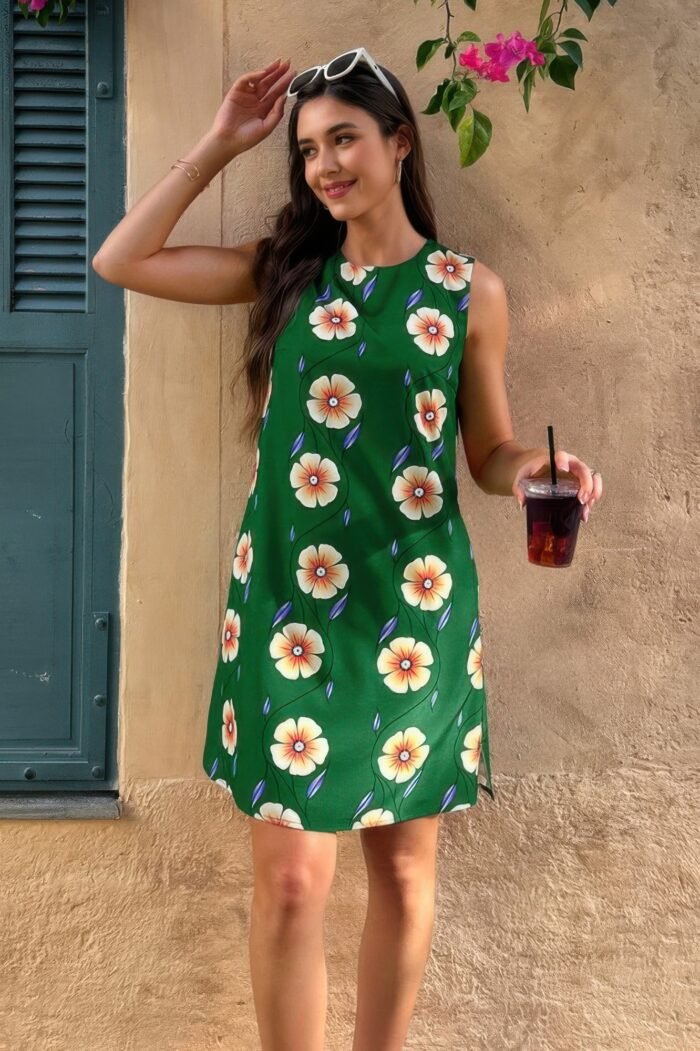 Round Neck Floral Print Sleeveless Loose Dress - Image 10
