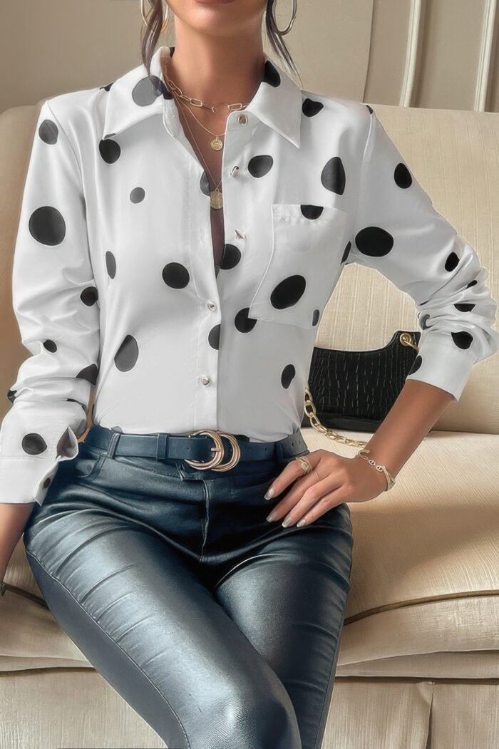 Dot Print Pocket Drop Shoulder Button Blouse - Image 2