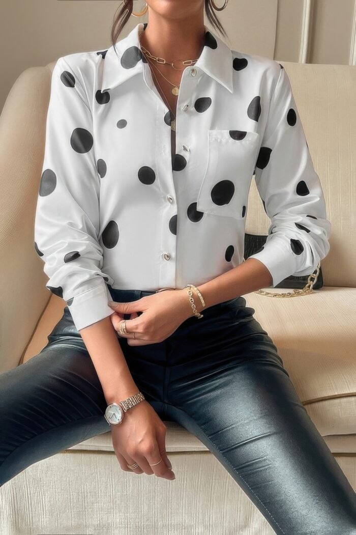 Dot Print Pocket Drop Shoulder Button Blouse - Image 3