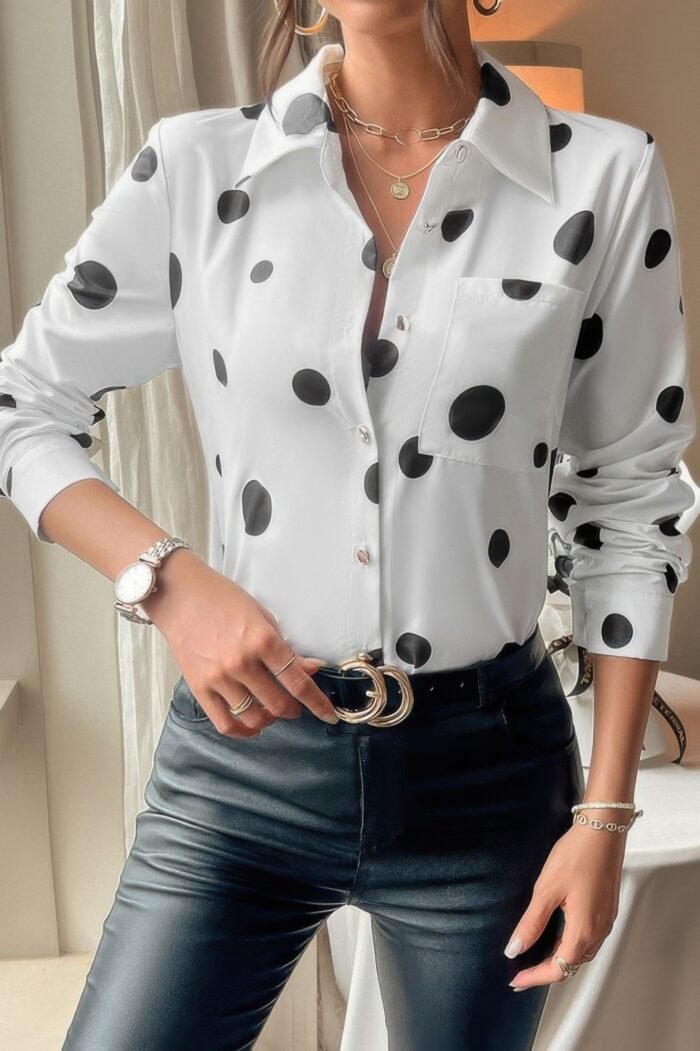 Dot Print Pocket Drop Shoulder Button Blouse - Image 5