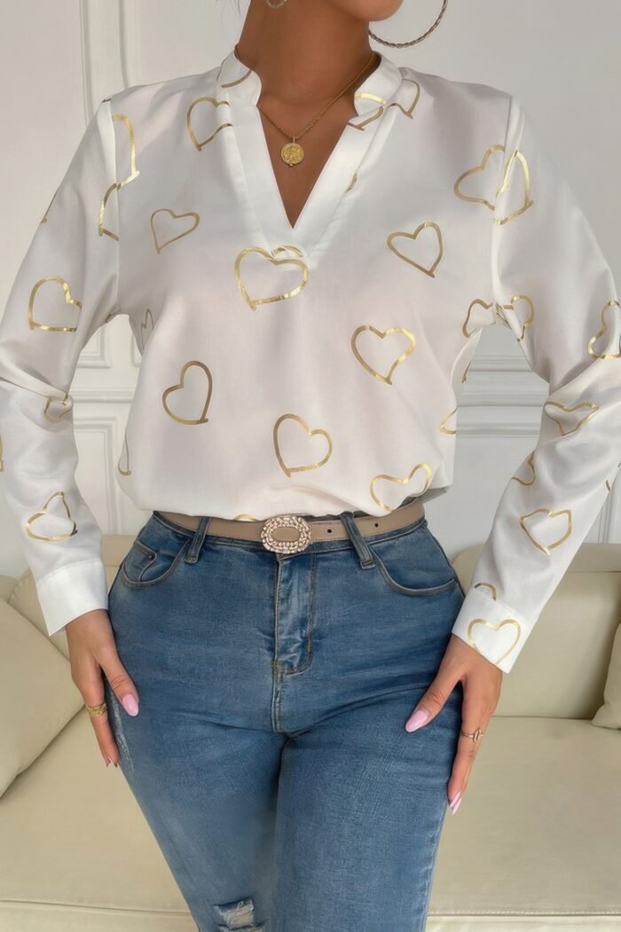 Heart Print V Neck Fit Blouse - Image 1