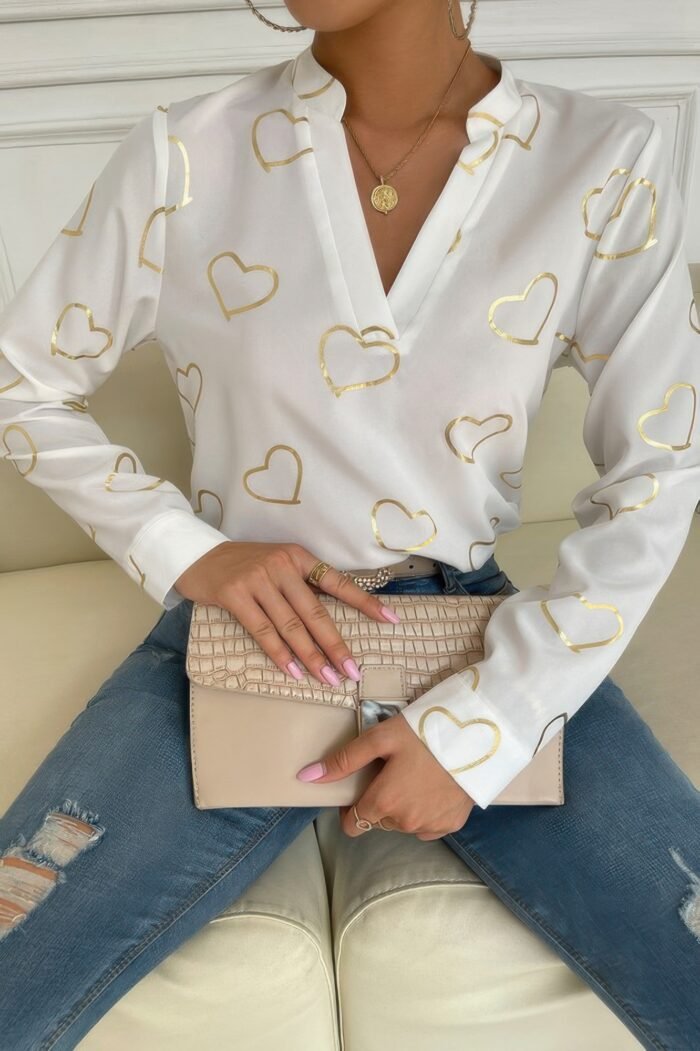 Heart Print V Neck Fit Blouse - Image 2