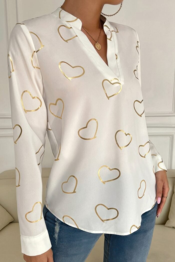 Heart Print V Neck Fit Blouse - Image 3