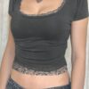 Square Neck Lace Trim High Waist Tee