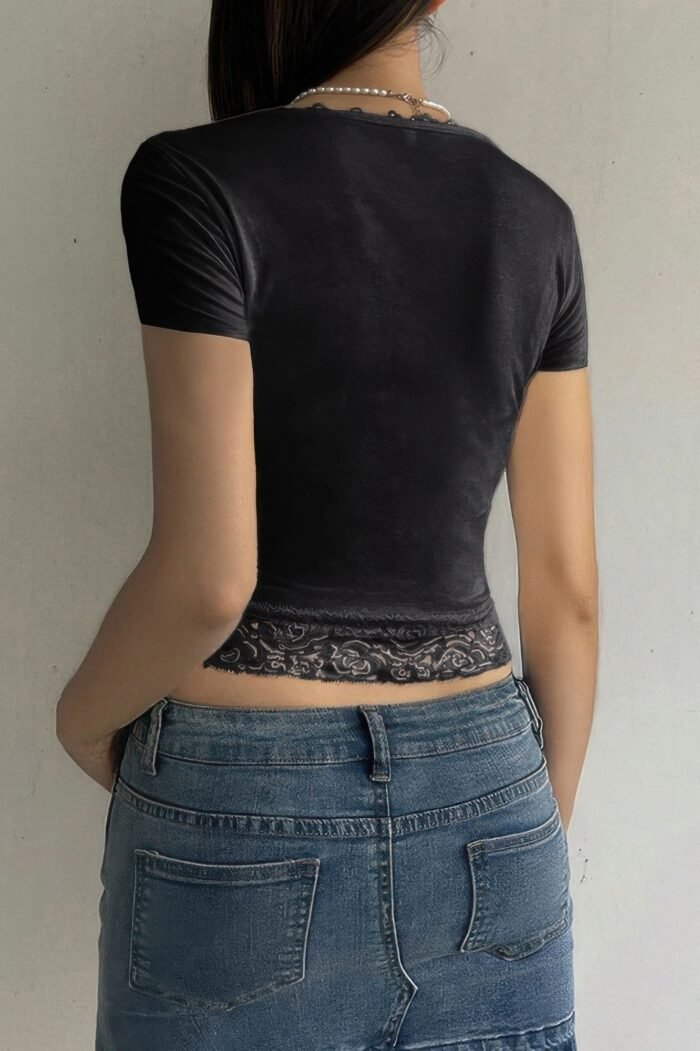 Square Neck Lace Trim High Waist Tee - Image 2