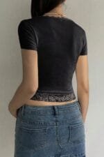 Square Neck Lace Trim High Waist Tee